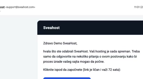 E-pošta od SveaHosta s plavim gumbom za otvaranje obrasca