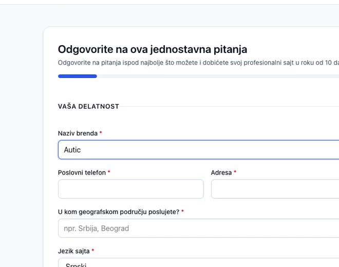 Početak obrasca s poljima za naziv brenda, telefon i adresu