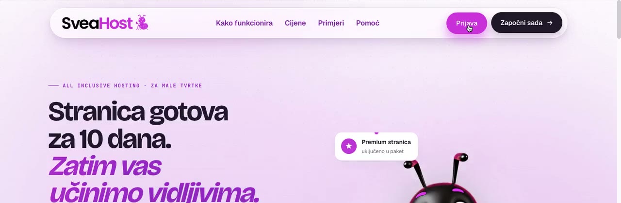 Početna stranica sveahost.com s gumbom Prijava gore desno