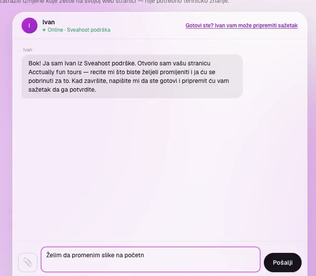 Chat s podrškom i poruka klijenta u polju za pisanje